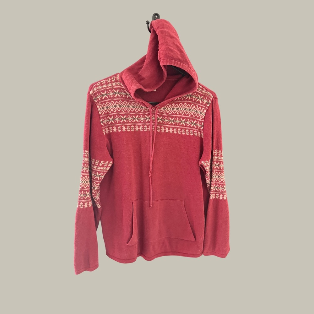 Woolrich Womens Black Cherry Fair Isle Knit Hoodie Sweater Ramie Cotton Small
